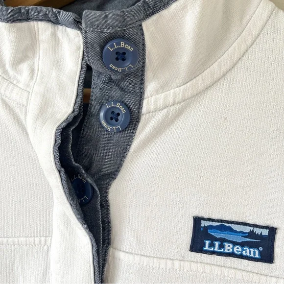LL Bean Women's White Cotton French Terry 1/4 Button Pullover with Navy Trim - Picture 14 of 16